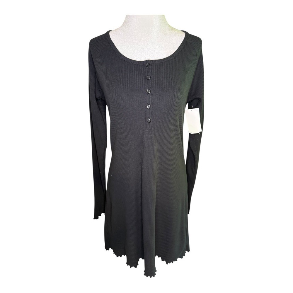 NEW Abound Ribbed Knit Mini Dress Long Sleeve Casual Button Front Black Medium